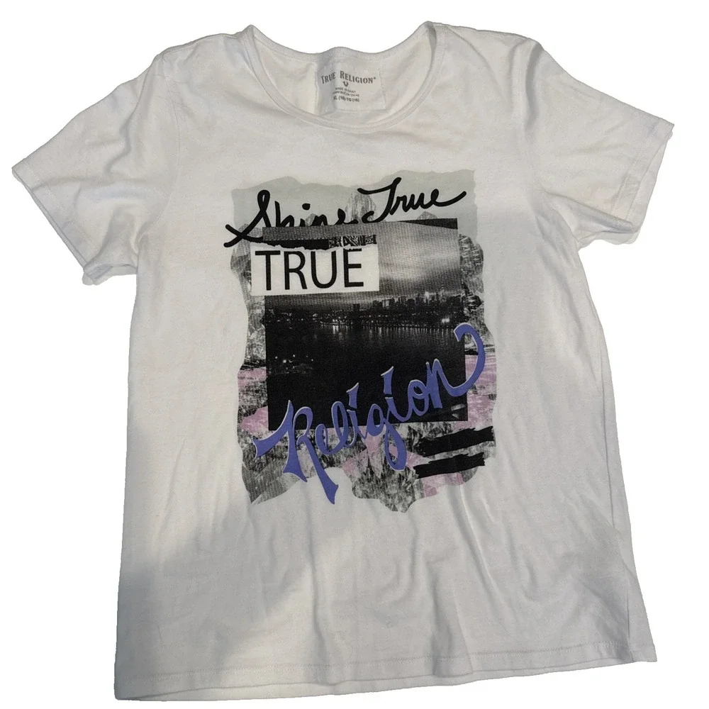 True Religion Men's White Graphic T-Shirt XL Short Sleeve Shine True Cotton